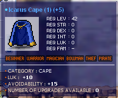 Icarus Cape (1) with 15 AVOID and 10 LUK