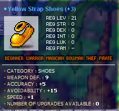 Yellow Strap Shoes with 15 AVOID, 5 WACC, 1 SPEED, and 9 WDEF