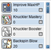 rangifer’s second job skills at level 59 (page 1): 10 Improve MaxHP, 0 Knuckler Mastery, 0 Knuckler Booster, 20 Backspin Blow
