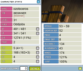 ozotoceros’s character stats (53〜59 damage range), with Broom + Stolen Fence