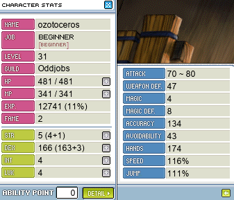 ozotoceros’s character stats (70〜80 damage range), with GSB