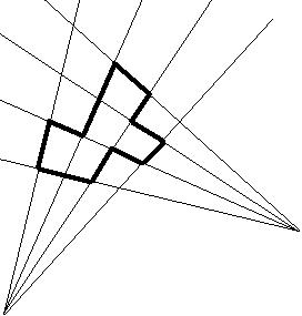 An illustration of an isothetic (in this case, also rectilinear) polygon, showing how each of the lines emerges from one of two points at infinity
