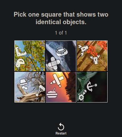 FunCAPTCHA: Pick one square that shows two identical objects
