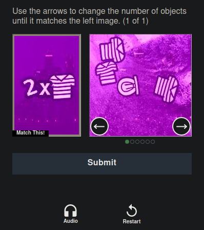 FunCAPTCHA: Use the arrows to change the number of objects until it matches the left image
