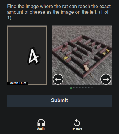 FunCAPTCHA: Find the image where the rat can reach the exact amount of cheese as the image on the left