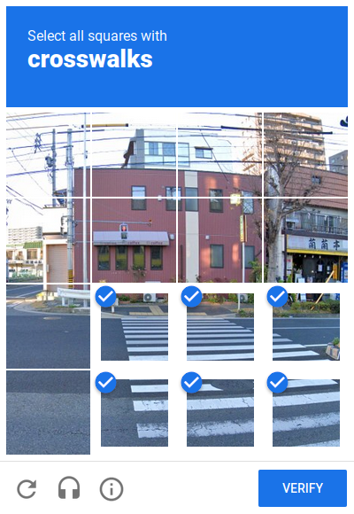 reCAPTCHA: Select all squares with crosswalks
