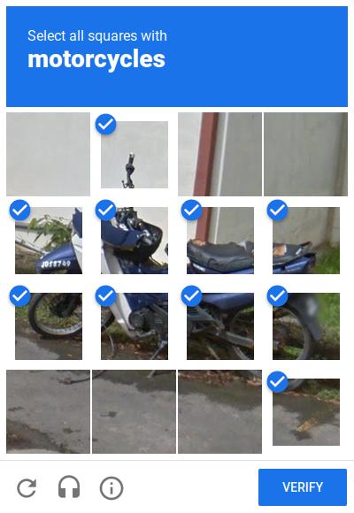 reCAPTCHA: Select all squares with motorcycles