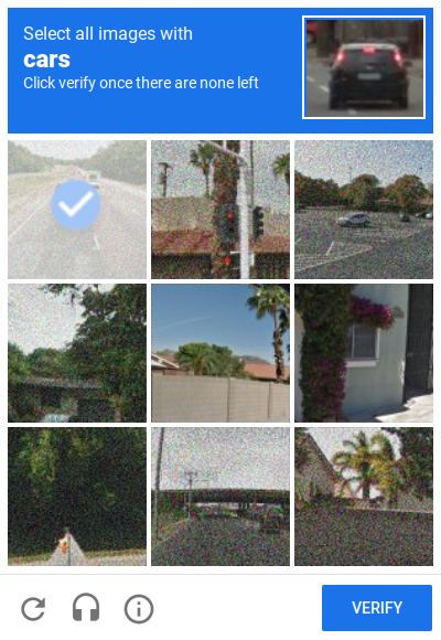 reCAPTCHA: Select all images with cars. Click verify once there are none left.