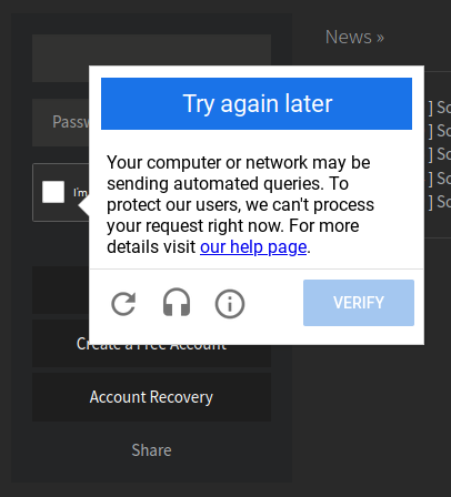 reCAPTCHA: Try again later. Your computer or network may be sending automated queries. To protect our users, we can’t process your request right now. For more details visit our help page.