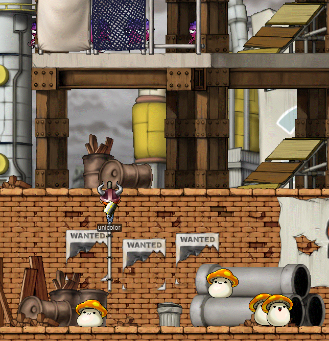 Orange Mushrooms & Octopodes at the bottom of the scaffolding