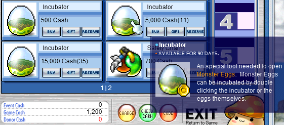 Incubators in the Cash Shop