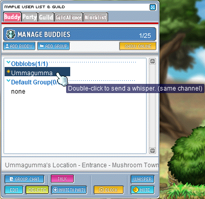 The GMS v83 “Maple user list & guild” window, showing the “Manage buddies” pane where an “Obblobs” buddy group is separate from the Default Group