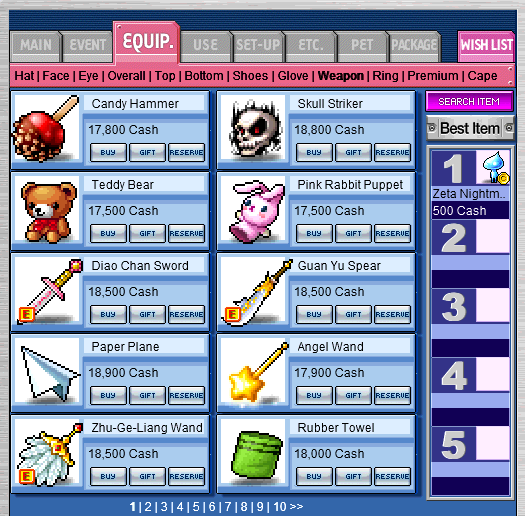 The “Weapon” tab of the Cash Shop