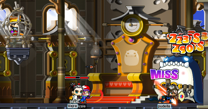 Vajra, pudella, & Arale fight Alishar as ManoKing looks on, trapt in a wooden cage