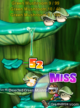 euprox slapping a Dejected Green Mushroom with her Wooden Mallet @ Dungeon, Southern Forest III