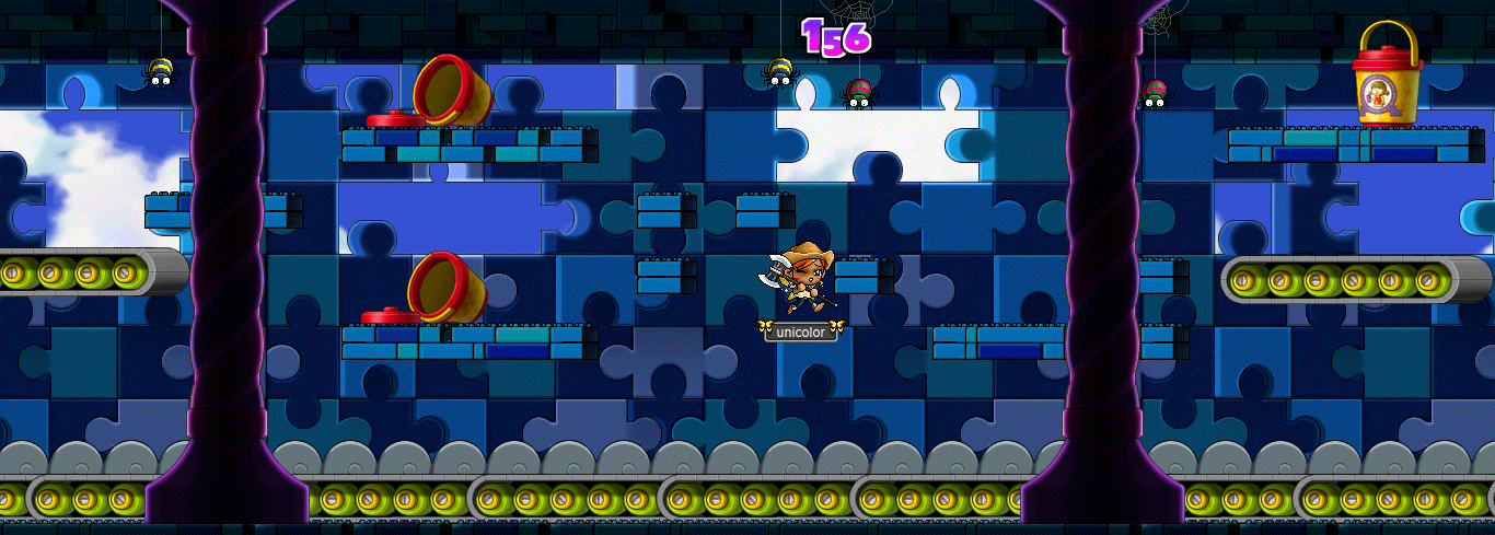 unicolor gets hit for 156 damage by a Super Green Trickster @ Toy Factory⟨Sector 4⟩ and falls to the conveyor belt at the bottom unicolor gets hit for 156 damage by a Super Green Trickster @ Toy Factory⟨Sector 4⟩ and falls to the conveyor belt at the bottom